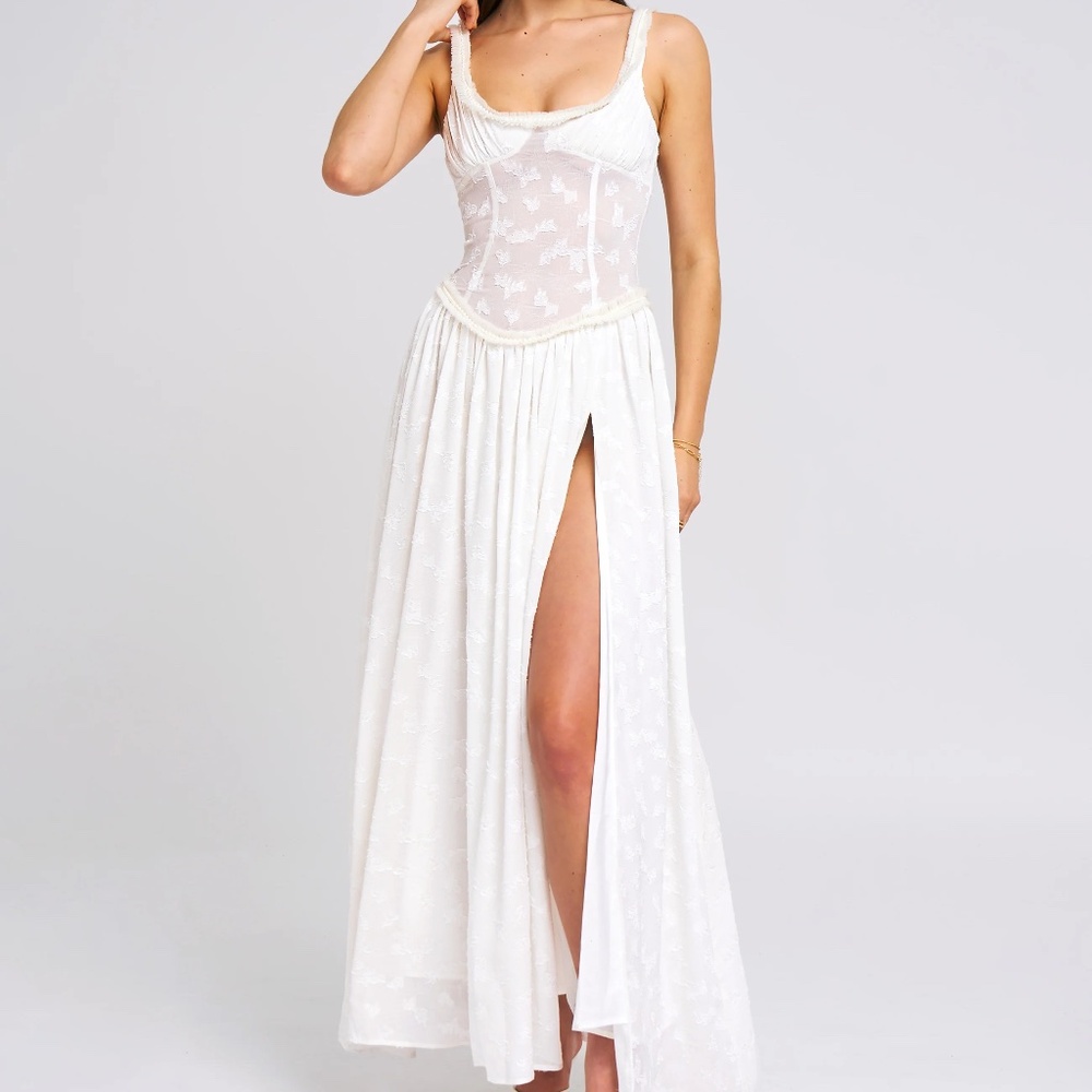 Miss Circle  White Square Neck Jacquard Textured High Slit Maxi Dress White
